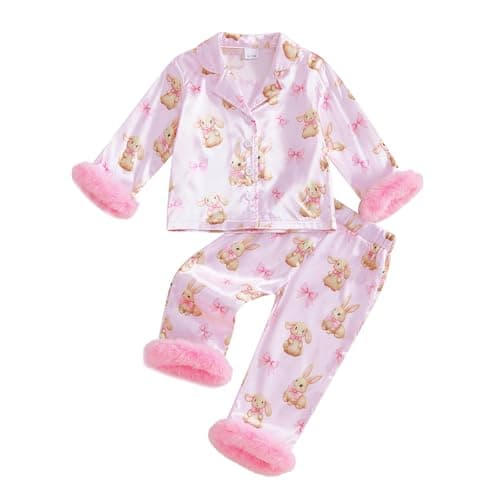 Image of JCOPLY Kids Toddler Baby Girl Easter Satin Pajamas Spring Sleepwear Pjs Feather Trim Bow Rabbit Print Long Sleeve Lapel Shirt Tops Trousers Set 2Pcs (Pink, 6-12 Months)