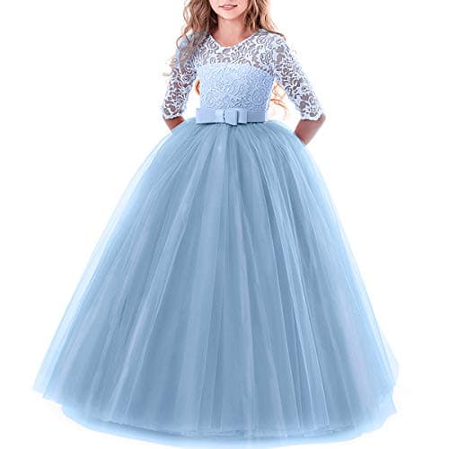 Image of IWEMEK Flower Girls 3/4 Sleeve Floral Lace Tulle First Communion Pageant Dresses Kids Big Girls Princess Birthday Carnival Christmas Bridesmaid Wedding Party Prom Ball Gown Blue 7-8 Years