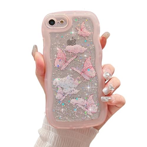 Image of ZTUOK Compatible with iPhone 6/6S Case for Girls Women,Cute Clear Sparkly Bling Star Butterfly Pattern Curly Simple Wave Case Shockproof Protective Slim Soft TPU Glitter Cover for iPhone 6/6s-Pink