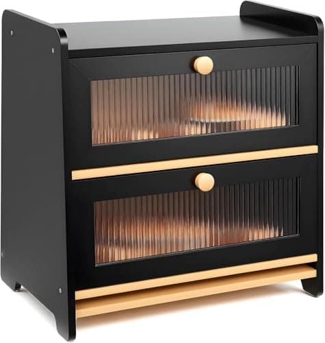 Image of HAUSPROFI Two-Layer Bread Bin, Double Bamboo Bread Box, Large Capacity Bread Storage Bin with Stiped Window Door Pancel, Handle and a Cutting Board, Breads Storage Box for Kitchen Countertop (Black)