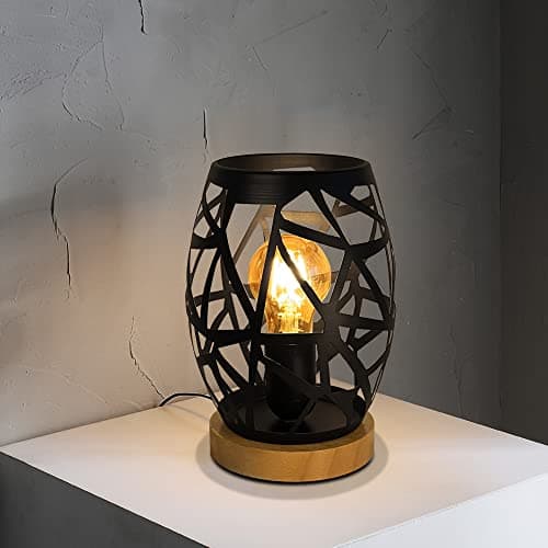 Image of HHMTAKA Black Bedside Lamp Dimmable Metal Table Lamp with Wooden Base Decorative Lamp for Bedroom Living Room Dinner Bar(LED Bulbs Included)