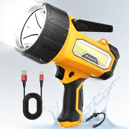 Image of FORTO Rechargeable Torch with 2000 Lumens, Handheld Headlight with Foldable Stand, 6 Light Modes IPX7 Waterproof LED for Outdoor, Navigation, Hunting, Camping, Hiking (Yellow)
