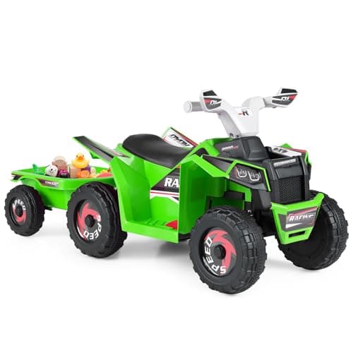 Image of COSTWAY 6V Kids Electric Ride on ATV Car, Battery Powered Quad Bike with Removable Back Trailer, 4 Wear-Resistant Wheels, Forward/Backward/Reverse Button, for Boys Girls 3+ Years Old (Green)