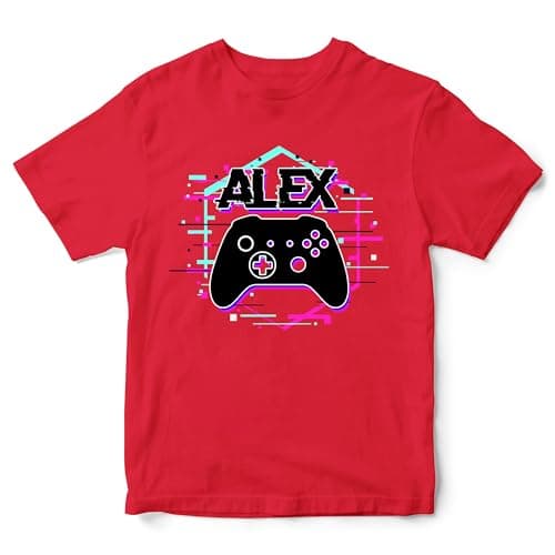 Image of Personalised Game Controller Glitch Kids T Shirt Boys Girls Custom Gaming Tee Gamer Top, 3-4 Years, Red