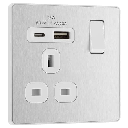 Image of BG Electrical 18W Single Switched Power Plug Wall Socket with Type A USB and Type C USB Charging Ports, Fast Charge, Screwless Front Plate, Evolve, Brushed Steel, 13A, PCDBS21UAC18W