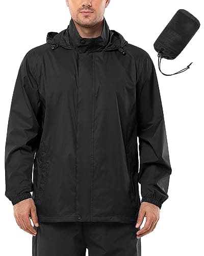 Image of Outdoor Ventures Mens Lightweight Waterproof Jackets, Packable Rain Jacket Breathable Windproof Raincoat Adjustable Hiking Outdoor Jacket Black XXL