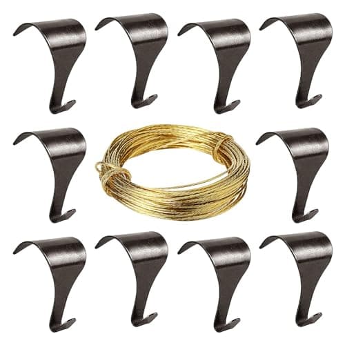 Image of Picture Rail Moulding Hook 10pc Antique Brass Plated Picture Frame Photo Mirror Hangers with 6 Metres Brass Picture Wire