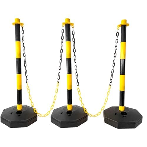 Image of 3 Traffic Safety Delineator Posts - Yellow and Black | Height Adjustable Barrier Posts with Fillable Base and 4 Meter Plastic Chain | Portable Indoor Queue & Access Control Poles with S Connectors