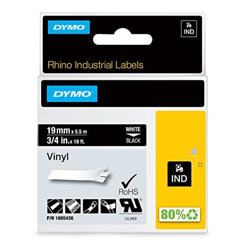 Image of DYMO Rhino Industrial Vinyl Labels | 19 mm x 5.5 m | White Print on Black | Self-Adhesive | for LabelManager & Rhino Label Makers