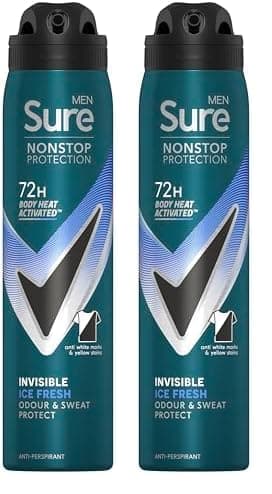 Image of Sure Men Invisible Ice Fresh Nonstop Protection leaves no white marks or yellow stains on clothes Anti-perspirant Deodorant Aerosol 72h protection, 250ml (Packing May Vary) (Pack of 2)