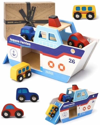 Image of Jaques of London Wooden Toy Boat | Freya the Ferry Boat with 3 Wooden Cars | Wooden Vehicle Toys for 1 Year Old and Toddlers | Ship Toy for Pretend Play | Since 1795