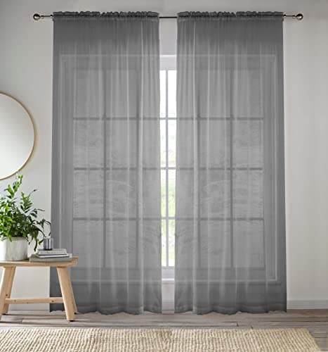 Image of Enhanced Living Grey Voile Curtains for Living Room Panel Pair - 57 Wide x 54 Drop - Plain Woven Slot Top Sheer Curtains (57"x54") 145x137cm
