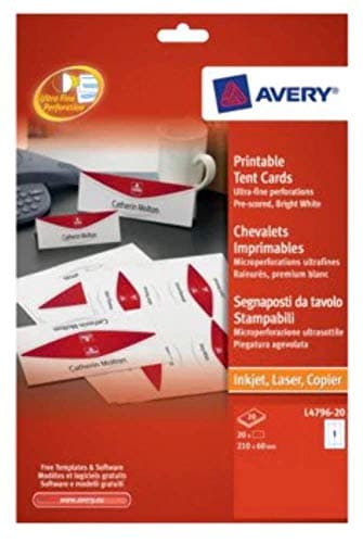 Image of Avery Printable Business Tent Card 1 per Sheet 210x60mm White 190gsm Ref L4796-20 [ 20 labels]