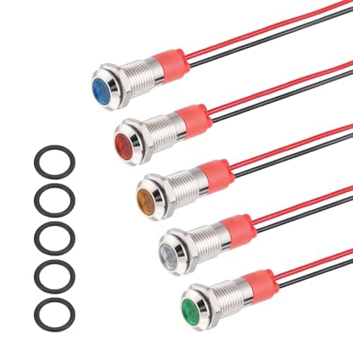 Image of PATIKIL 5Pcs 8mm(5/16") Indicator Light,12V-24V AC/DC 20mA LED Metal Signal Lamp Waterproof IP67 Flat Head Signal Lights with 150mm(5.9") Cable for Boat Car,White/Red/Blue/Green/Yellow