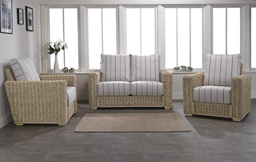 Image of Desser Burford Rattan Conservatory Furniture Set – 2 Seater Sofa & 2x Armchairs – Fully Assembled Luxury Indoor Real Cane Wicker Chair & Settee Suite with UK Manufactured Cushions – Linen Taupe Fabric