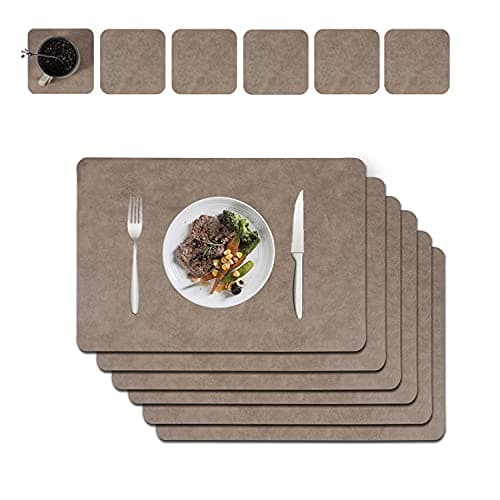 Image of Placemats And Coaster Sets 6, Waterproof Non-Slip Place Mats Set Of 6 And Double Thickened Dining Table Mats, Washable Leather Coasters and Placemats for Dining Table (Light brown)