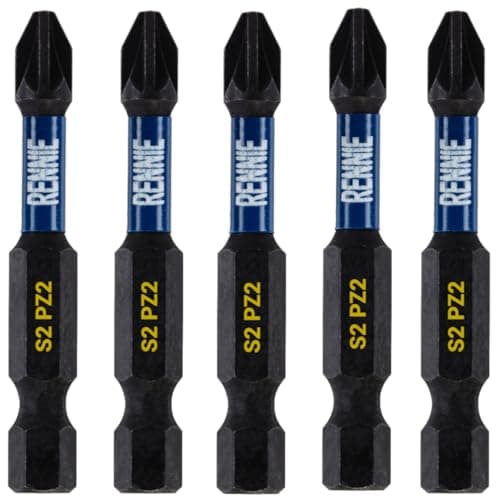 Image of 5 x Rennie Tools 50mm Long PZ2 Impact Screwdriver Driver Bits Set. Heavy Duty PoziDriv POZI No.2 Magnetic Screwdriver Bit Set. PZ2 Impact Driver Bits Pozidrive Screw Accessories. Black Oxide Coated…