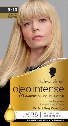 Image of Schwarzkopf Oleo Intense Permanent Oil Colour Hair Dye, 100% Grey Coverage, Conditioner with HaptIQ System, Long-Lasting Colour, Ammonia Free Hair Dye - 9-10 Bright Blonde