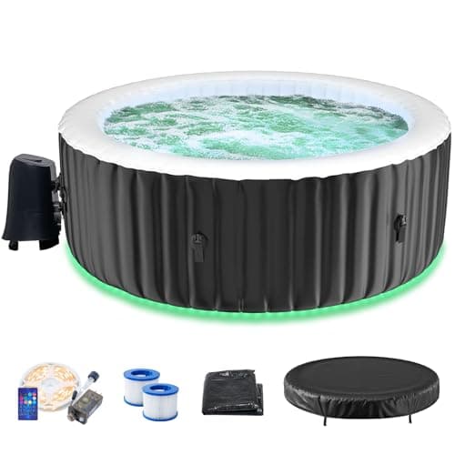 Image of 2-4 Person Inflatable Hot Tub with Colour-Changing LED Lights | Large Round Portable Spa with 120 Bubble Jets | Includes Heater Pump, Filter & Insulated Cover | 180L x 180W x 63H cm