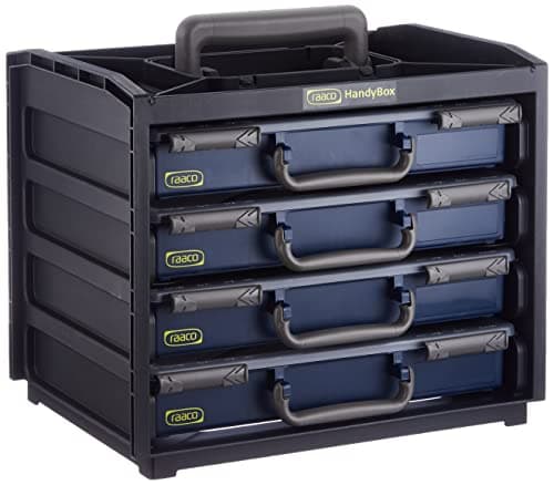 Image of raaco 136242 HandyBox 55 a lightweight robust portable storage unit comes with 4 Raaco Assorter 55 service assorter 55 cases are fitted with sliding locks and removable compartments