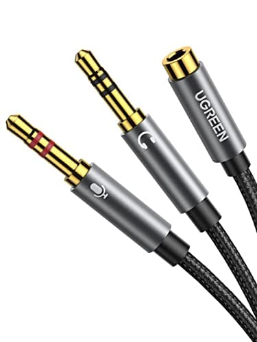 Image of UGREEN Headphone Mic Splitter 2 Way Braided 3.5mm Jack Audio Adapter 24K Gold-Plated TRRS Female to Dual TRS Microphone Aux Cable Compatible with PC Gaming Headset Earphone Speaker Laptop Xbox PS5 PS4