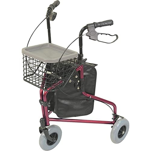 Image of Aidapt Red Folding Light Weight Aluminium 3 Wheeled Tri Walker Rollator Mobility Aid with Carry Bag, Basket, Tray and Lockable Brakes for Indoor and Outdoor use.
