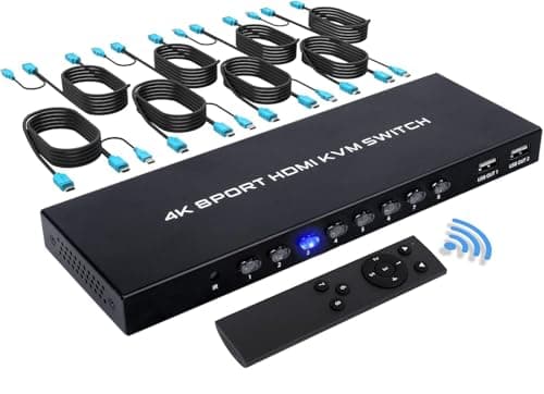 Image of KVM Switch HDMI 8 Ports, 4K@30Hz USB HDMI KVM Switch 8 in 1 Out, Share Monitor and USB Keyboard, Mouse, Included 8 KVM Cables