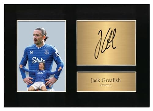Image of Jack Grealish Everton Autograph Mounted Print – A4 Size Reproduction Signature Display – Brushed Gold Metal Effect Plaque – Premium Football Memorabilia for Fans No179