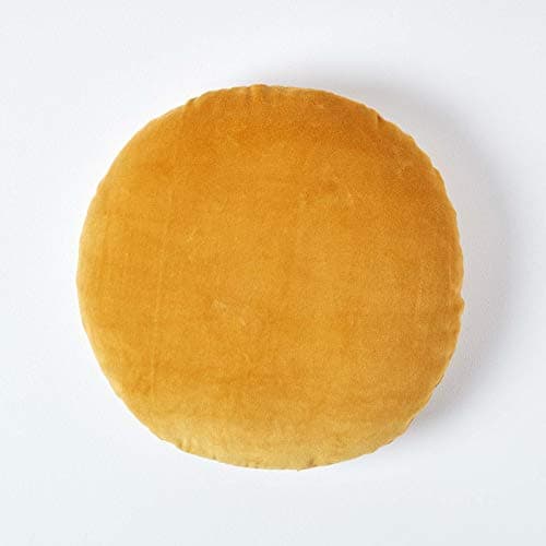 Image of HOMESCAPES Mustard Round Velvet Cushion Super Soft Cotton Velvet Luxury Filled Scatter Cushion Thick Plain Dark Yellow Accent Throw Pillow for Sofa and Bed Decoration, 40cm (15") Diameter