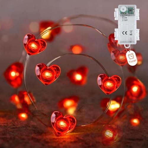Image of Heart Fairy Lights 2M,20 LEDs Warm White on Silver Wire with Red Heart Shapes Battery Operated with Timer for valentines day decorations,Weddings,Mother’s Day,Anniversaries,Bedrooms (Indoor/Outdoor)