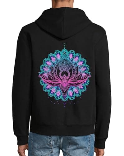 Image of Lotus Flower Heart Meditation Mandala Star Hooded Cotton Blend Zipper Jacket Sweatshirt Hoodie Black XX-Large