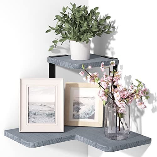 Image of SRIWATANA Corner Shelves, 2 Tier Floating Shelves Wall Mounted, Rustic Wood Wall Shelves for Bedroom, Living Room, Bathroom, Kitchen, Office, Grey