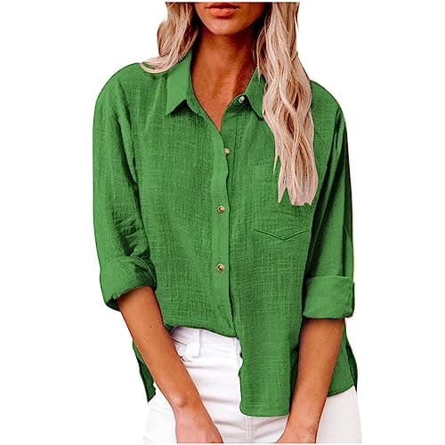 Image of Green Blouse for Women UK Elegant Button Down Blouse Long Sleeve Cotton Linen Lapel Oversized T Shirts Business Office Tee Tops Ladies Plus Size 8 10 12 14 16 18 20 22 Green XL