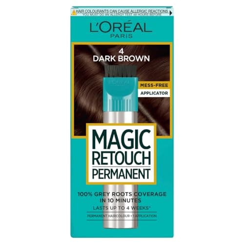 Image of L'Oréal Paris Magic Retouch Instant Root Spray, Dark Brown 4. Delivers flawless coverage for grey regrowth in 3 sec. 75ml Dark Brown 4 shade provides a quick, easy natural-looking solution for roots.