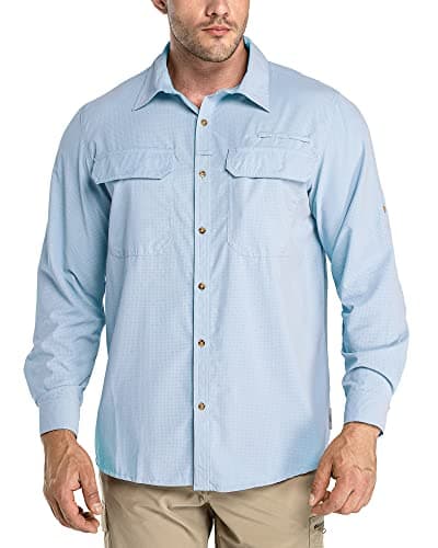 Image of 33,000ft Men's Long Sleeve Shirts UV Protection Safari Button-Down Shirt Breathable Wicking Quick Drying Outdoor Top with Pockets for Hiking Fishing Golfing,Light Blue L