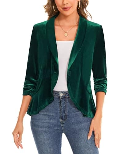Image of MINTLIMIT Women's Shawl Collar Velvet Blazer Ruffle Hem with One-Button Closure 3/4 Sleeve Cardigan (Green M)