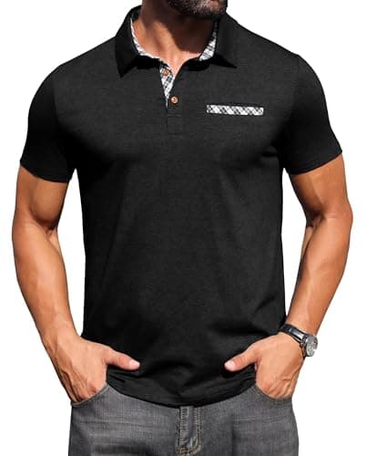 Image of Hisir Mens Polo Shirt Cotton Short Sleeve Contrasting Colors Regular T-Shirt Tops Summer Casual Sports Workwear with Pocket (Black, XL)