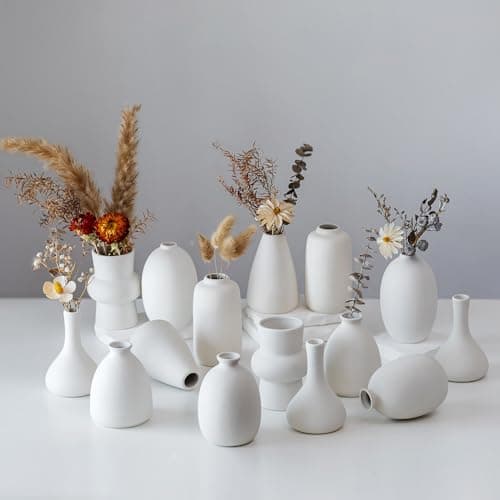 Image of NUPTIO Small White Ceramic Vase: Decorative Flower Bud Vases for Wedding Table Decoration - Rustic Boho Centrepiece for Home Bathroom Shelves Decor Set of 15