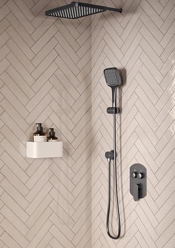 Image of Concealed Shower Mixer Rectangular Bathroom Twin Head Valve Set in Selectable Colours (Gunmetal Grey)