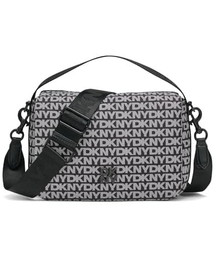 Image of DKNY Women's Jenny Flap Shoulder 100% Polyester with PU Trim, Black Logo and Black