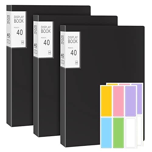 Image of A4 Display Folders, 3 Pack 40 Pockets Book Document Clear Folders with Plastic Sleeves, Pockets, Presentation Folder Project for Individuals, School & Offices, Black