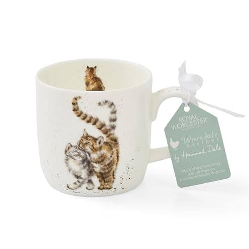 Image of Royal Worcester x Wrendale Designs 'Feline Good' Coffee Mug - Fine Bone China White Mug with Handle, Featuring Two Cute Cat Illustrations by Artist Hannah Dale, Microwave & Dishwasher Safe, 310ml