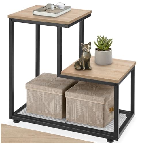 Image of tectake® Side Table with 2-Step Design, Sturdy Black Steel Frame, Wood-Look Shelves & Lower Grid Shelf, Bedside & Sofa End Table for Living Room, Bedroom, Hallway, 60.5 x 35.5 x 60.5 cm - Light Wood
