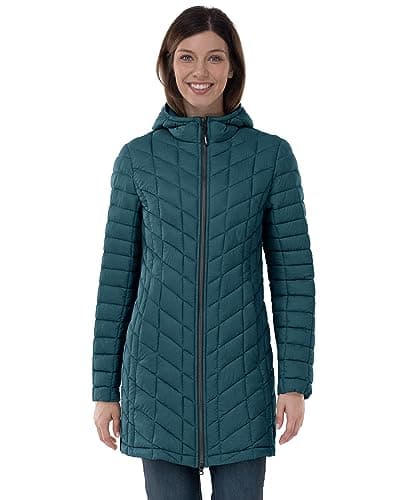 Image of Outdoor Ventures Womens Winter Thermolite Long Puffer Coat, Ladies Lightweight Quilted Parka Windproof Waterproof Warm Insulated Jacket with Hood Dark Cyan M/UK 12