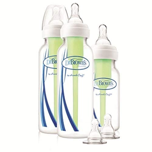 Image of Dr Brown's Natural Flow Anti-Colic Options+ Narrow Baby Bottle, Starter Kit, 1x 4oz/120ml Bottle & 2X 8oz/250ml Bottles with Level 1 Slow Flow Teat, Kit Also Includes 2X Level 2 Medium Flow Teats