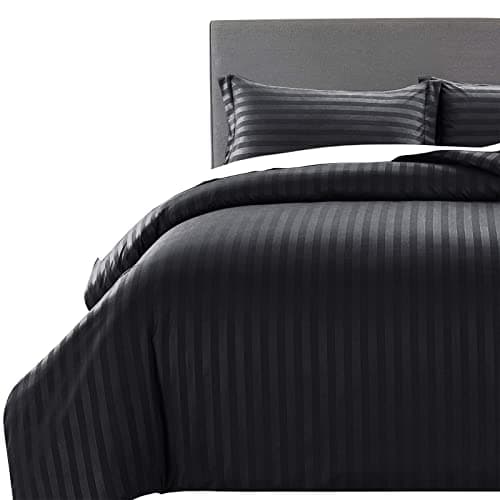 Image of MOONLIGHT20015 Single Duvet Cover Set Reversible Stripes Satin Bedding Set with Pillowcase Soft Hypoallergenic Duvet Covers (Black 135x200 CM)
