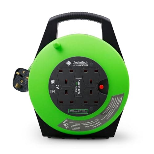Image of Desiretech 4 Socket Extension Lead 10m, Heavy Duty 4-Way Cable Reel, 13A Thermal Cut-Out, LED Indicator, Extra Long 10m Black & Green Extension Lead, CE & UKCA Certified, Indoor Use (10 Metre)