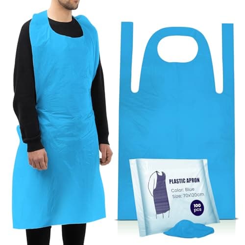 Image of 100 Disposable Aprons Blue Flat Pack Multipurpose Strong Waterproof Plastic Aprons in Bulk Sizes Quantity Ideal for Catering, Cooking, Clinics, Hospitality & Workplace Protection.