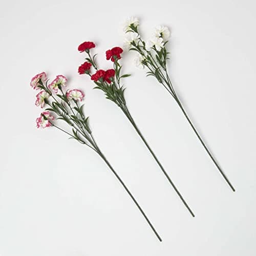 Image of HOMESCAPES Set of 3 Artificial Single Stem Carnation Flowers 55 cm Tall Faux Silk Carnation Sprays for Bouquet or Floral Arrangement