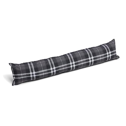Image of Highland Tartan Check GREY RED GREEN Draught Draft Excluder Energy Saving Long Door Sausage Cushion with Zipped Removable Cover (GREY 87cm LONG)
